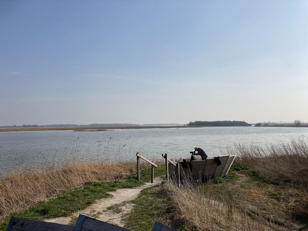 Vogelkijkpunt met verrekijker aan de oever van het Lauwersmeer, bereikbaar via een pad door het riet